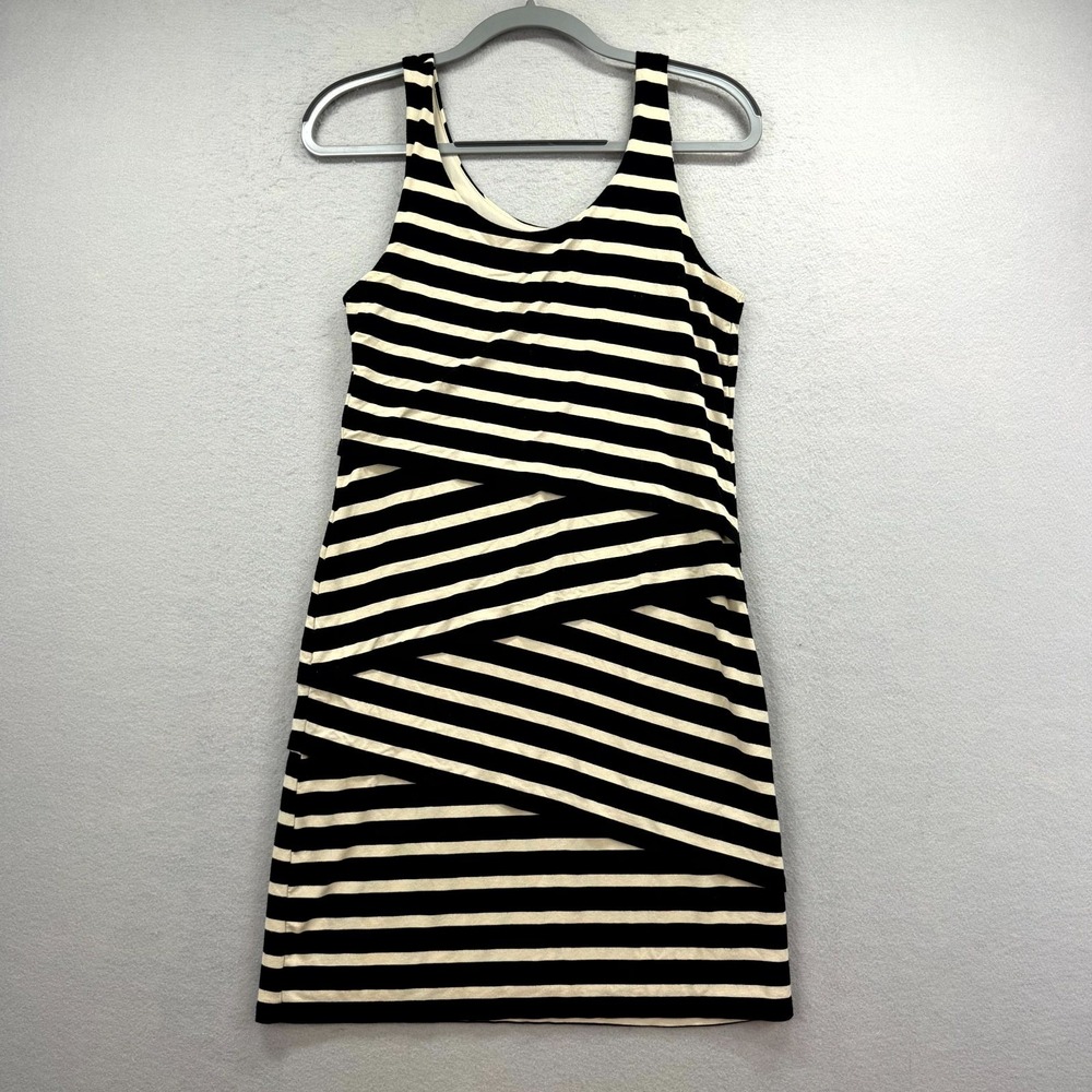 Ann Taylor LOFT Mini‎ Tank Dress Womens XS Cream Black Striped Tiered Scoop Neck